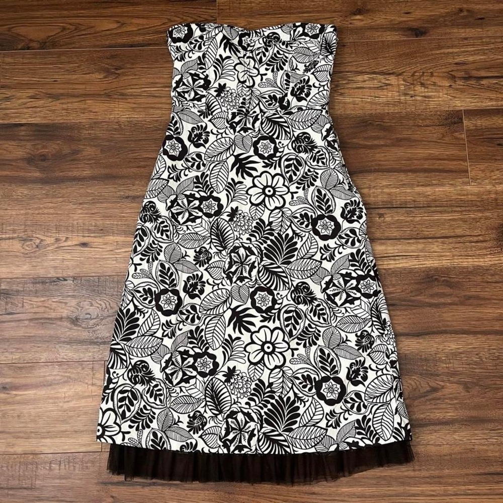 RW & Co Brown White Floral Midi Dress‎ Fitted Corset Tull Ruffle Women 2 Fairy